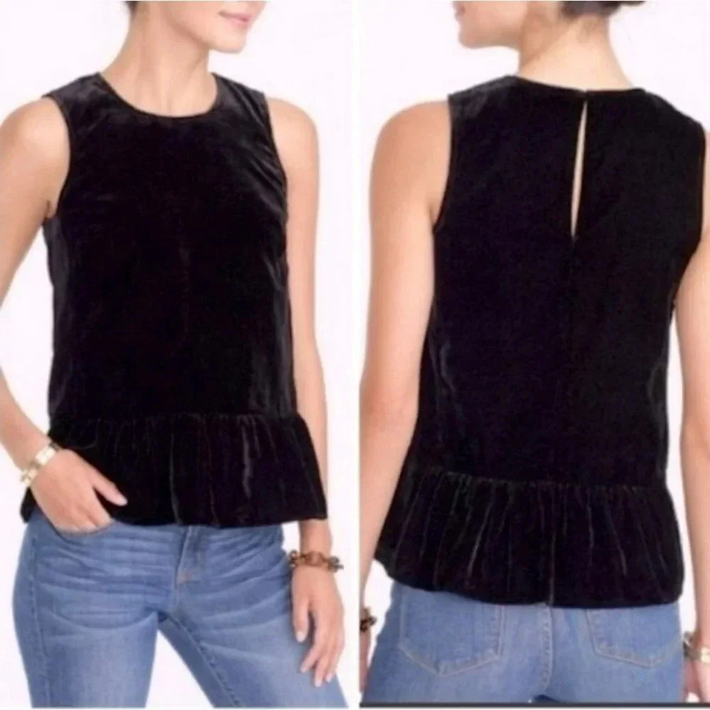 J.Crew Peplum Top 00 Black Velvet Sleeveless Crew Neck Holiday‎ Party Zipper